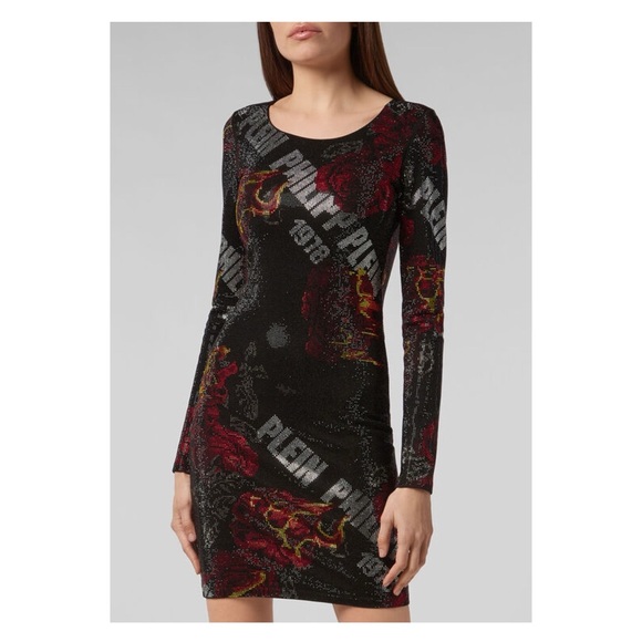 New! Rare PHILIPP PLEIN Logo Rhinestone Embellished Fire Rose Print Mini Dress - Picture 4 of 16